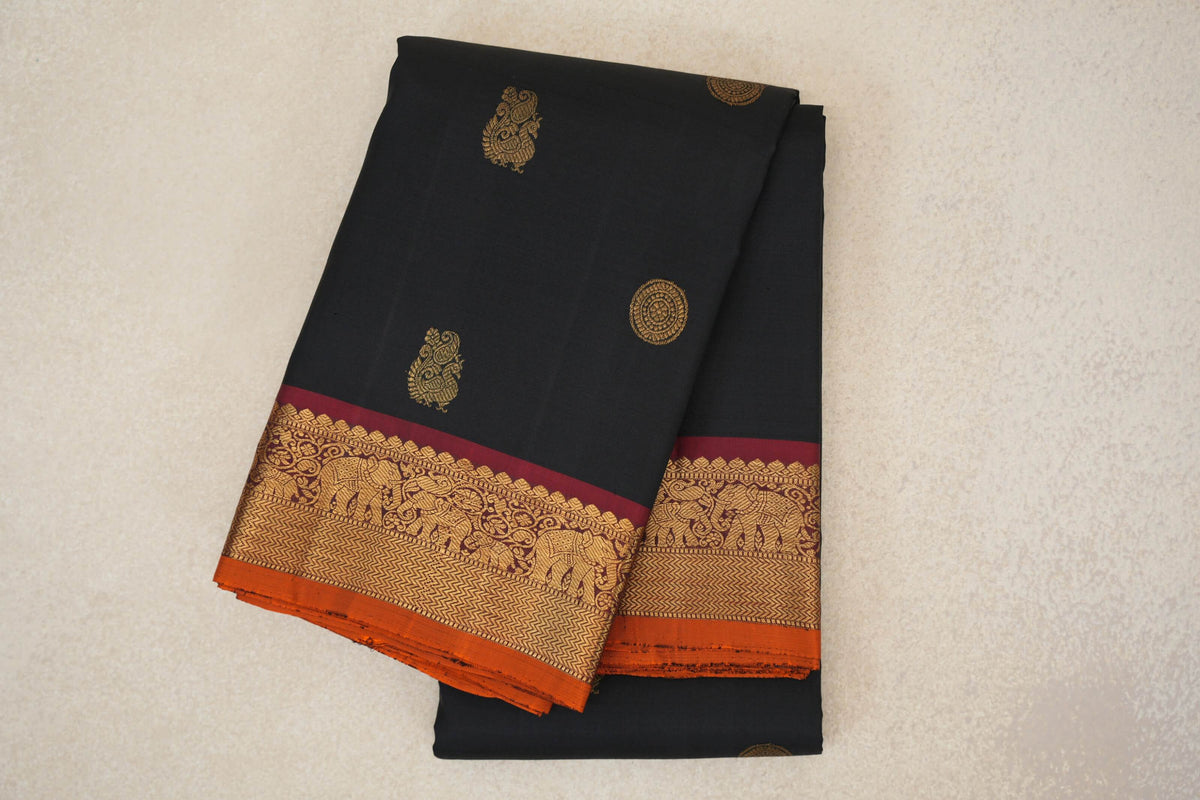 Black with Deep Maroon with Deep Orange Selvedge Borders Vintage Kanjivaram Silk Saree by Shreenivas Silks PSSR0110380