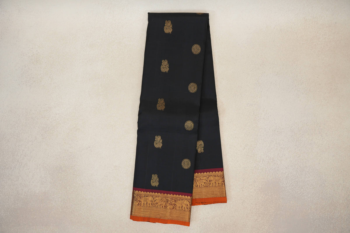 Black with Deep Maroon with Deep Orange Selvedge Borders Vintage Kanjivaram Silk Saree by Shreenivas Silks PSSR0110380