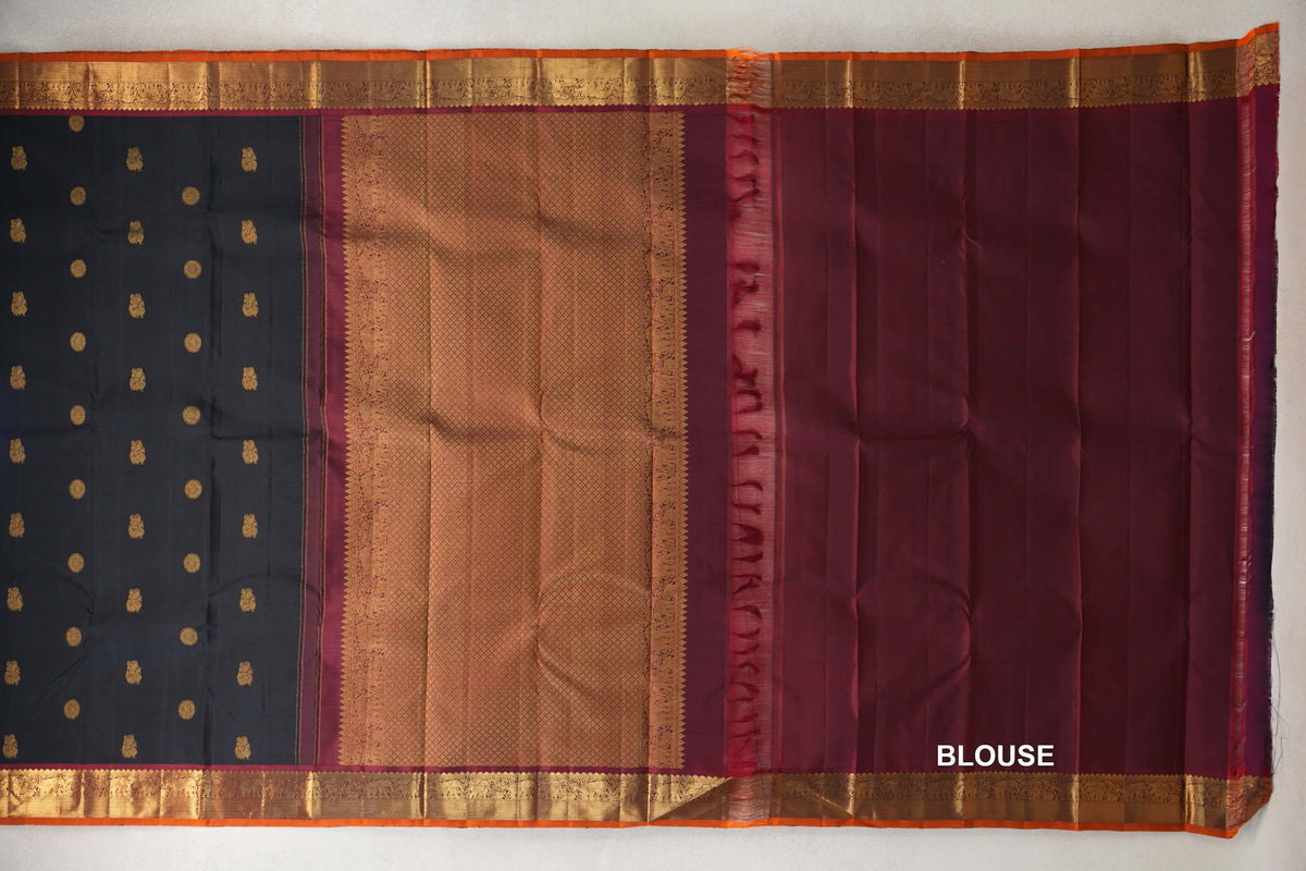 Black with Deep Maroon with Deep Orange Selvedge Borders Vintage Kanjivaram Silk Saree by Shreenivas Silks PSSR0110380