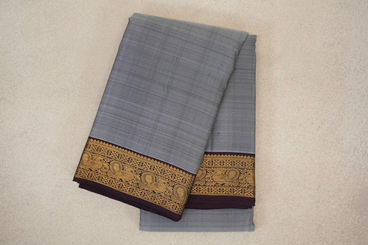 Silver Grey with Dark Plum Borders Vintage Kanjivaram Silk Saree by Shreenivas Silks PSSR0110381