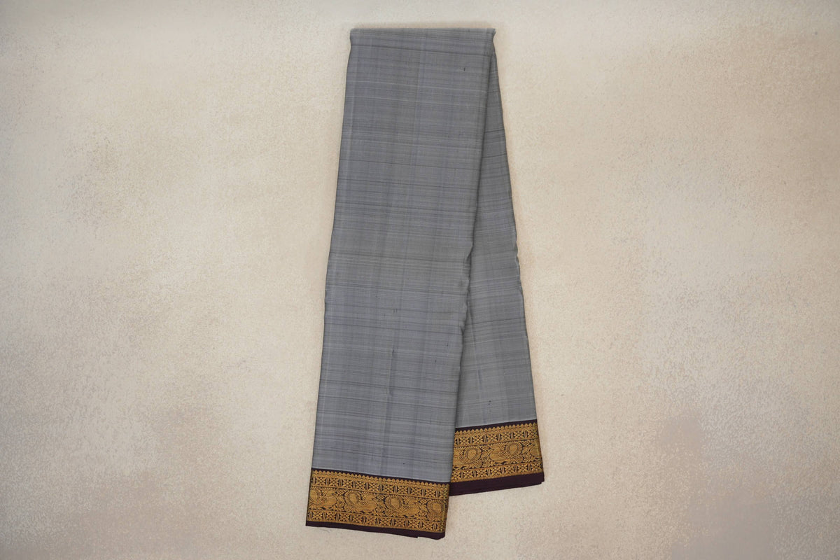 Silver Grey with Dark Plum Borders Vintage Kanjivaram Silk Saree by Shreenivas Silks PSSR0110381