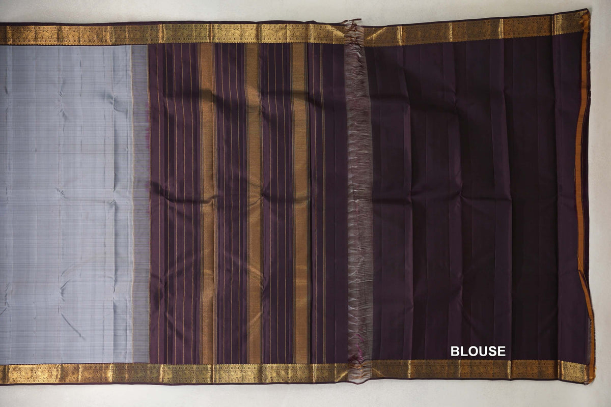 Silver Grey with Dark Plum Borders Vintage Kanjivaram Silk Saree by Shreenivas Silks PSSR0110381
