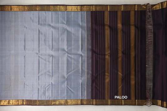 Silver Grey with Dark Plum Borders Vintage Kanjivaram Silk Saree by Shreenivas Silks paloo