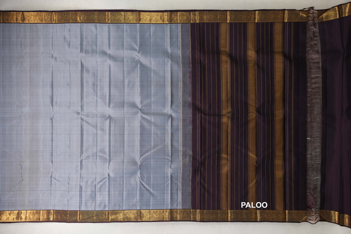 Silver Grey with Dark Plum Borders Vintage Kanjivaram Silk Saree by Shreenivas Silks PSSR0110381