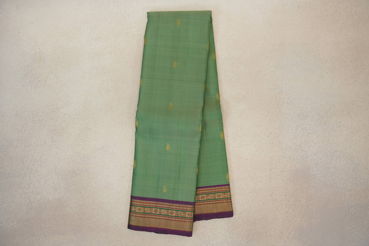 Pastel Green with Dual Tone of Bottle Green and Magenta Borders Vintage Kanjivaram Silk Saree by Shreenivas Silks PSSR0110382