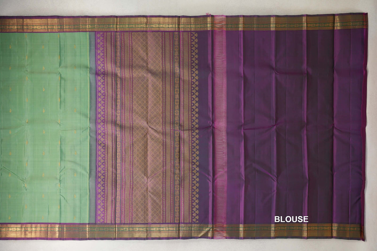 Pastel Green with Dual Tone of Bottle Green and Magenta Borders Vintage Kanjivaram Silk Saree by Shreenivas Silks PSSR0110382