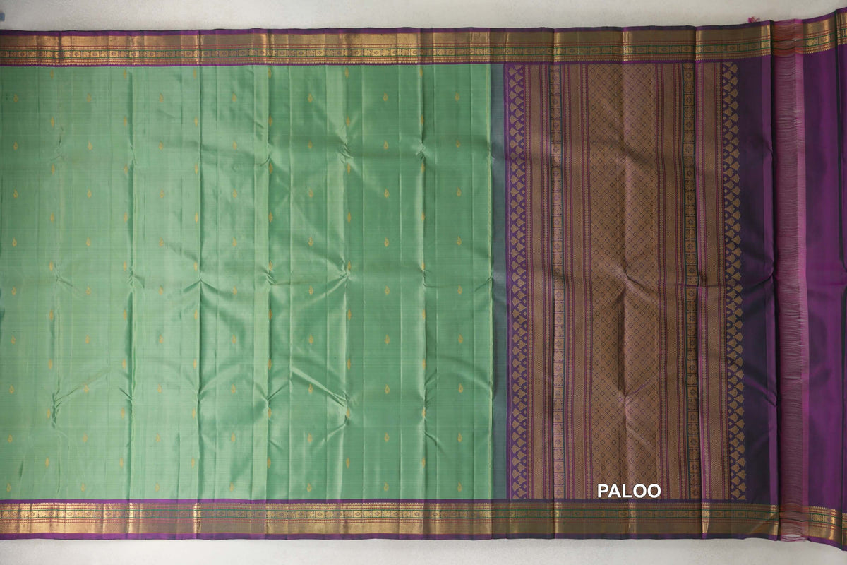 Pastel Green with Dual Tone of Bottle Green and Magenta Borders Vintage Kanjivaram Silk Saree by Shreenivas Silks PSSR0110382