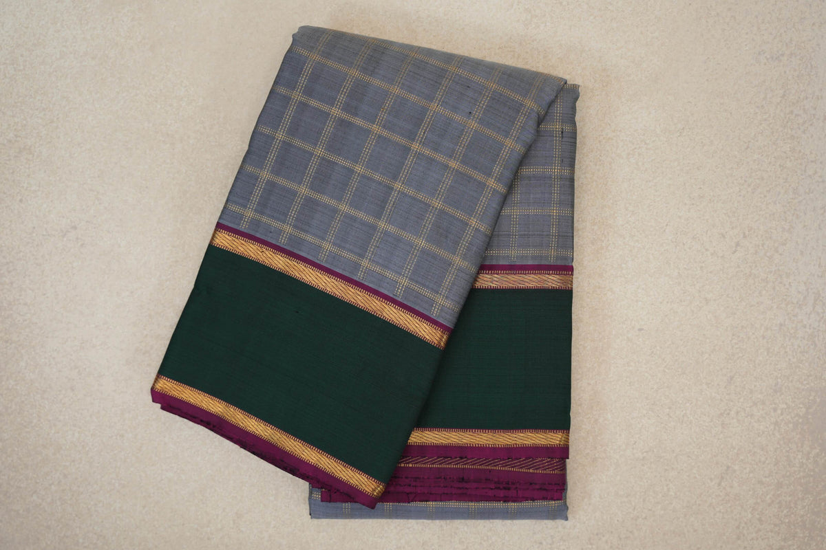 Silver Grey with Deep Magenta and Bottle Green Borders Vintage Kanjivaram Silk Saree by Shreenivas Silks