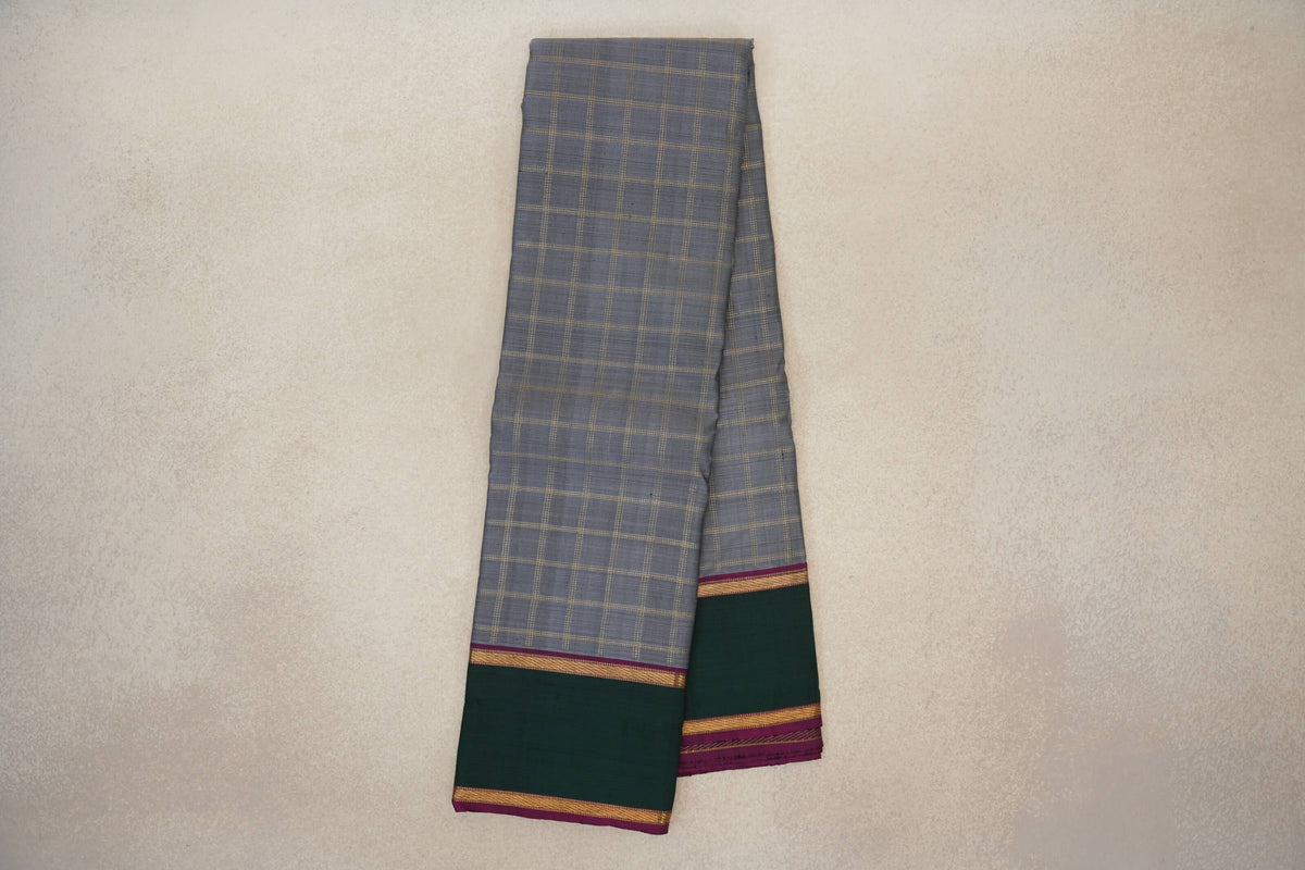 Silver Grey with Deep Magenta and Bottle Green Borders Vintage Kanjivaram Silk Saree by Shreenivas Silks