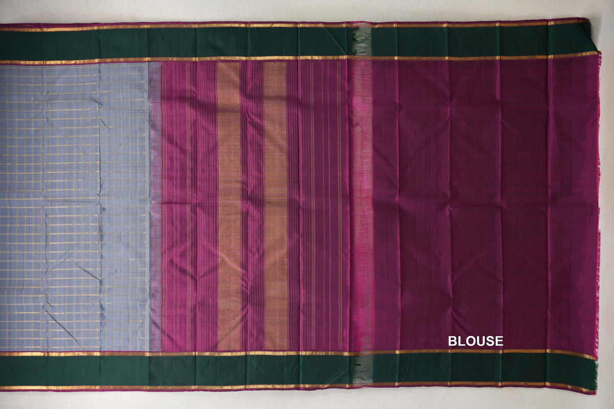Silver Grey with Deep Magenta and Bottle Green Borders Vintage Kanjivaram Silk Saree by Shreenivas Silks blouse