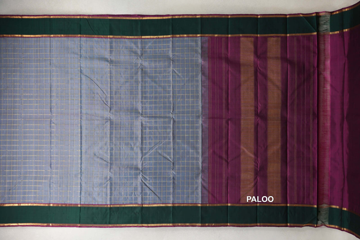 Silver Grey with Deep Magenta and Bottle Green Borders Vintage Kanjivaram Silk Saree by Shreenivas Silks paloo