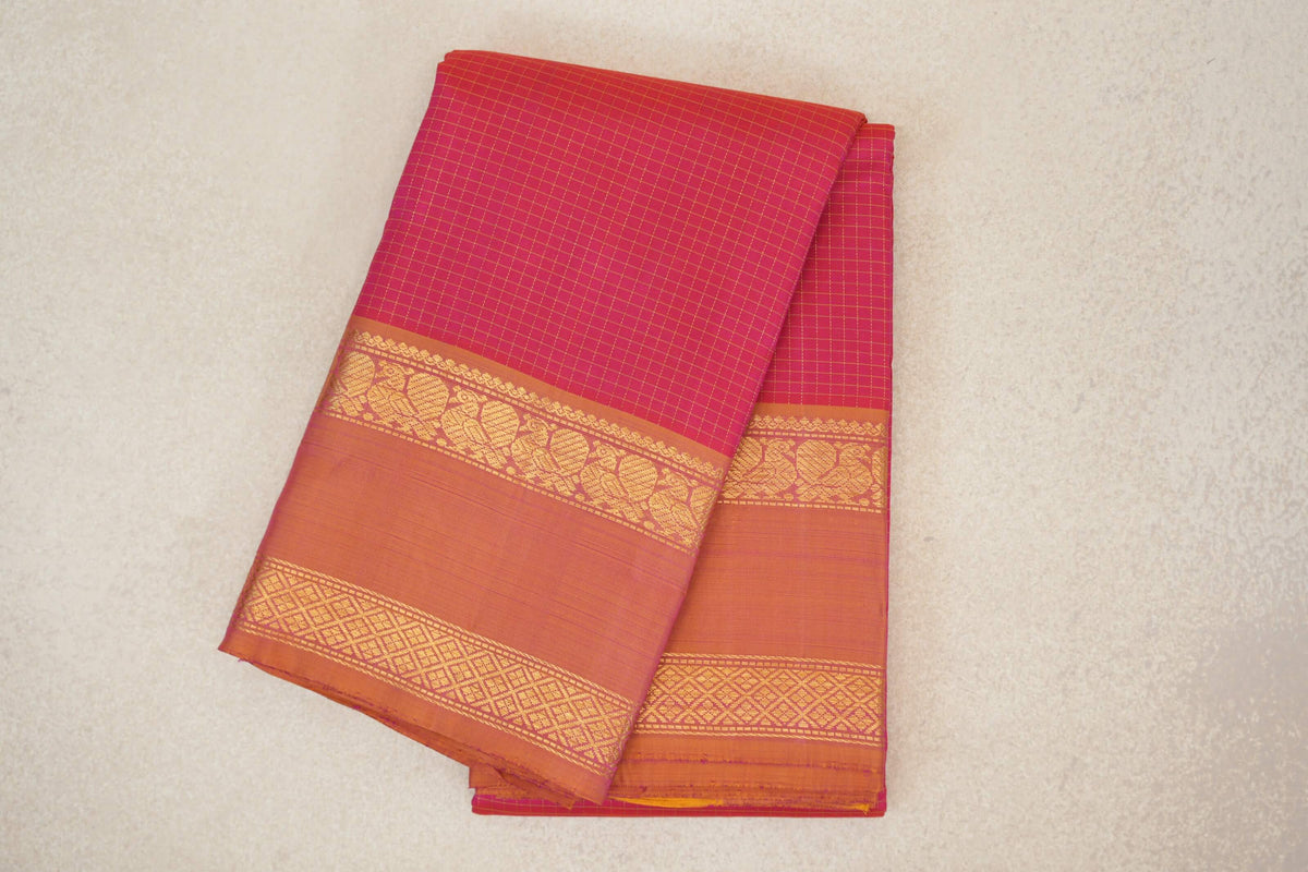 Pinkish Orange with Dual Tone of Yellow and Pink Borders Vintage Kanjivaram Silk Saree by Shreenivas Silks PSSR0110384