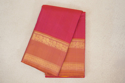 Pinkish Orange with Dual Tone of Yellow and Pink Borders Vintage Kanjivaram Silk Saree by Shreenivas Silks