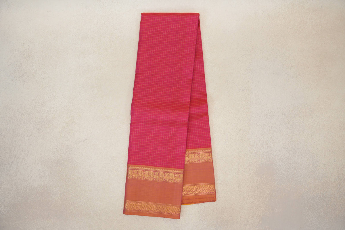 Pinkish Orange with Dual Tone of Yellow and Pink Borders Vintage Kanjivaram Silk Saree by Shreenivas Silks PSSR0110384