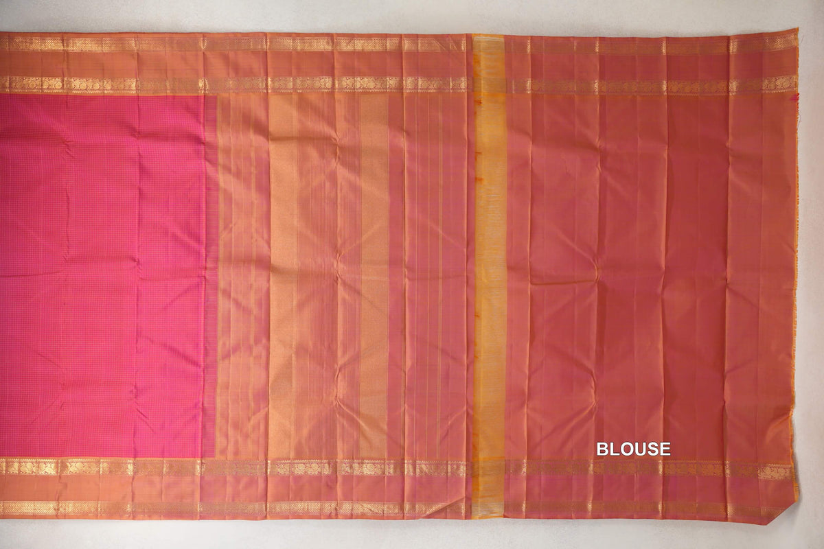 Pinkish Orange with Dual Tone of Yellow and Pink Borders Vintage Kanjivaram Silk Saree by Shreenivas Silks PSSR0110384