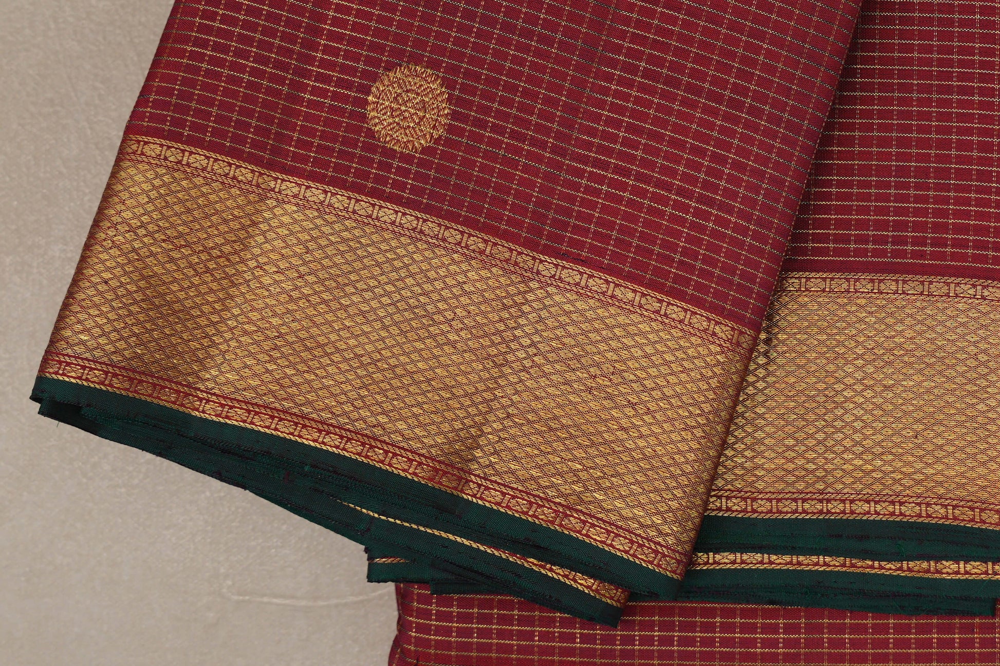 Deep Maroon with Zari Checks Vintage Kanjivaram Silk Saree borders