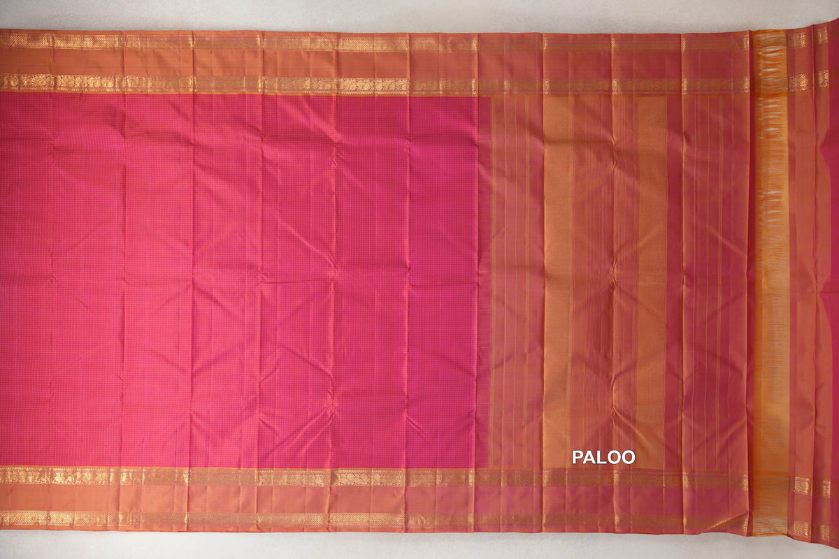 Pinkish Orange with Dual Tone of Yellow and Pink Borders Vintage Kanjivaram Silk Saree by Shreenivas Silks PSSR0110384