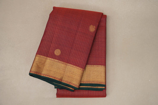 Deep Maroon with Zari Checks Vintage Kanjivaram Silk Saree