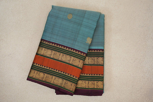 Copper Blue with Multi Color Borders Vintage Kanjivaram Silk Saree by Shreenivas Silks