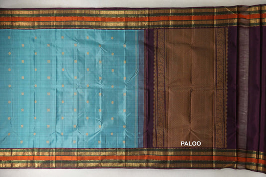 Copper Blue with Multi Color Borders Vintage Kanjivaram Silk Saree by Shreenivas Silks paloo