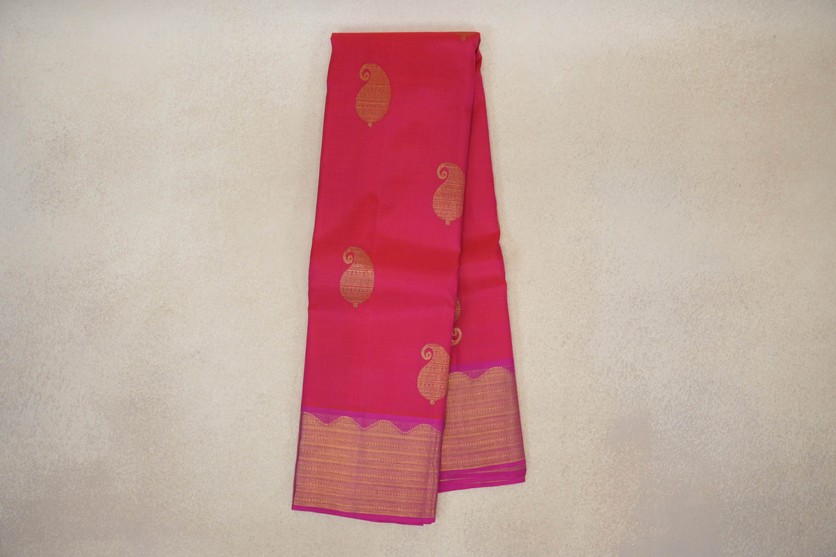Orangish Pink with Magenta Borders Vintage Kanjivaram Silk Saree by Shreenivas Silks