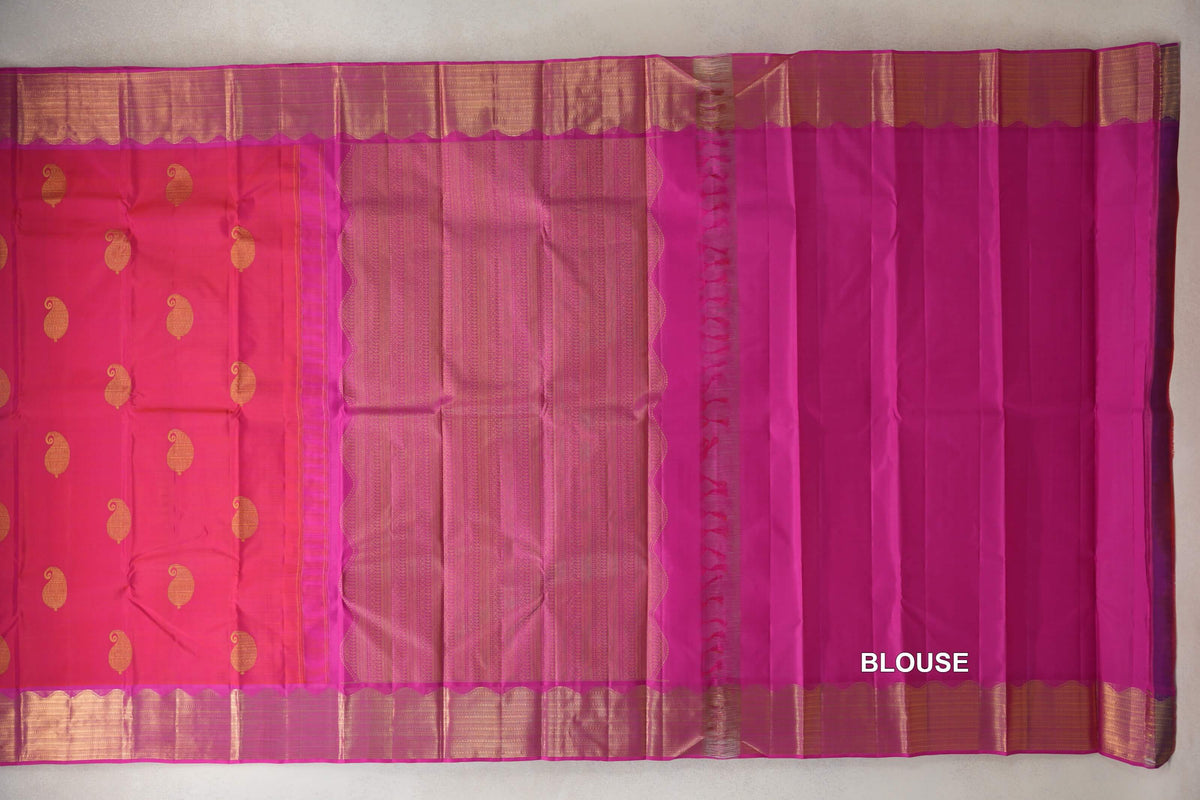 Orangish Pink with Magenta Borders Vintage Kanjivaram Silk Saree by Shreenivas Silks blouse