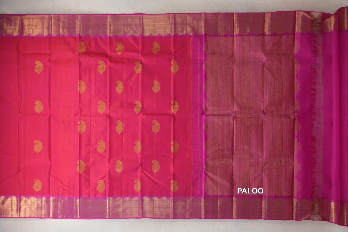 Orangish Pink with Magenta Borders Vintage Kanjivaram Silk Saree by Shreenivas Silks paloo