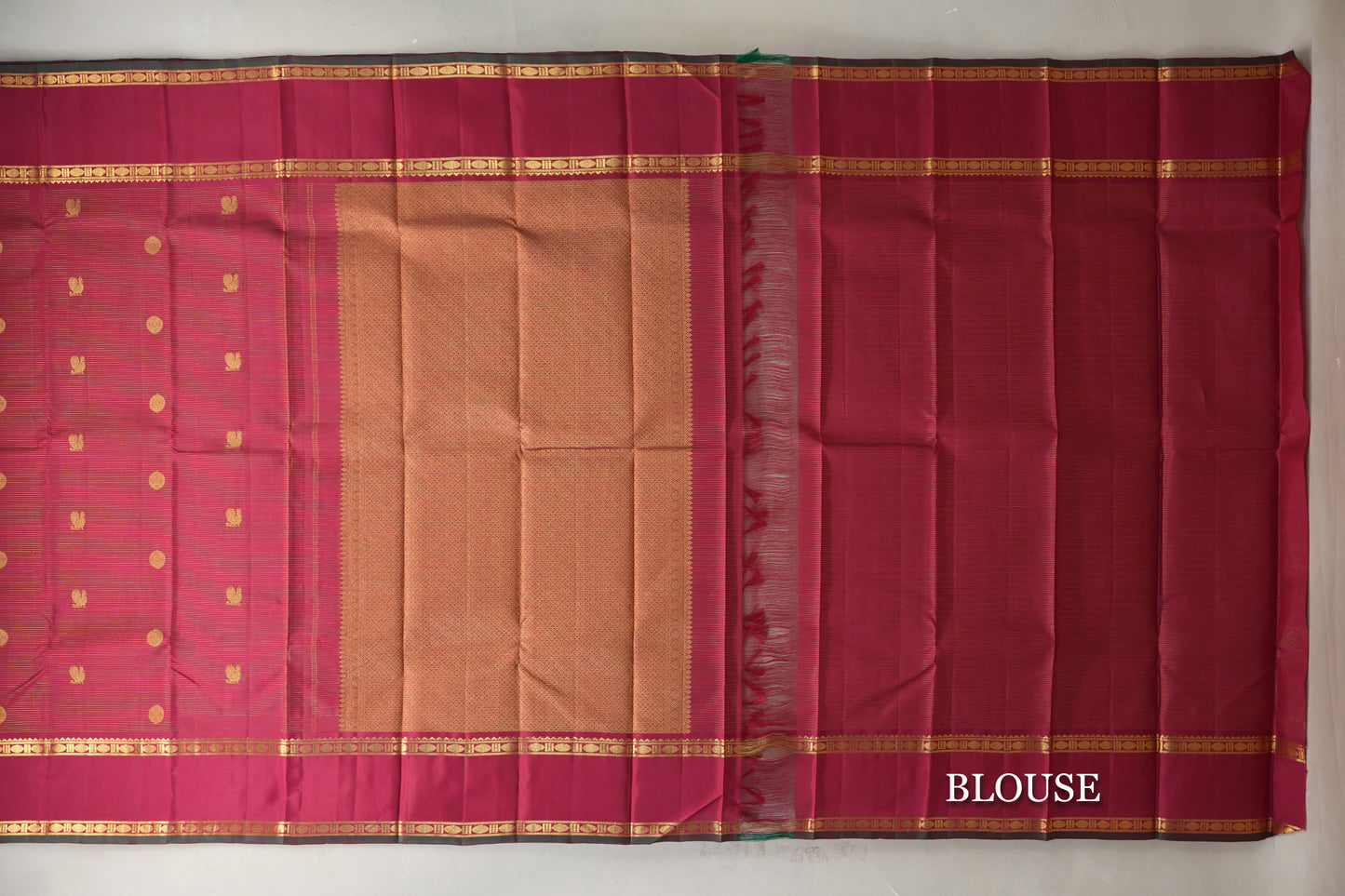Reddish Pink Vaira Oosi with Rettai Pettu Borders Vintage Kanjivaram Silk Saree blouse