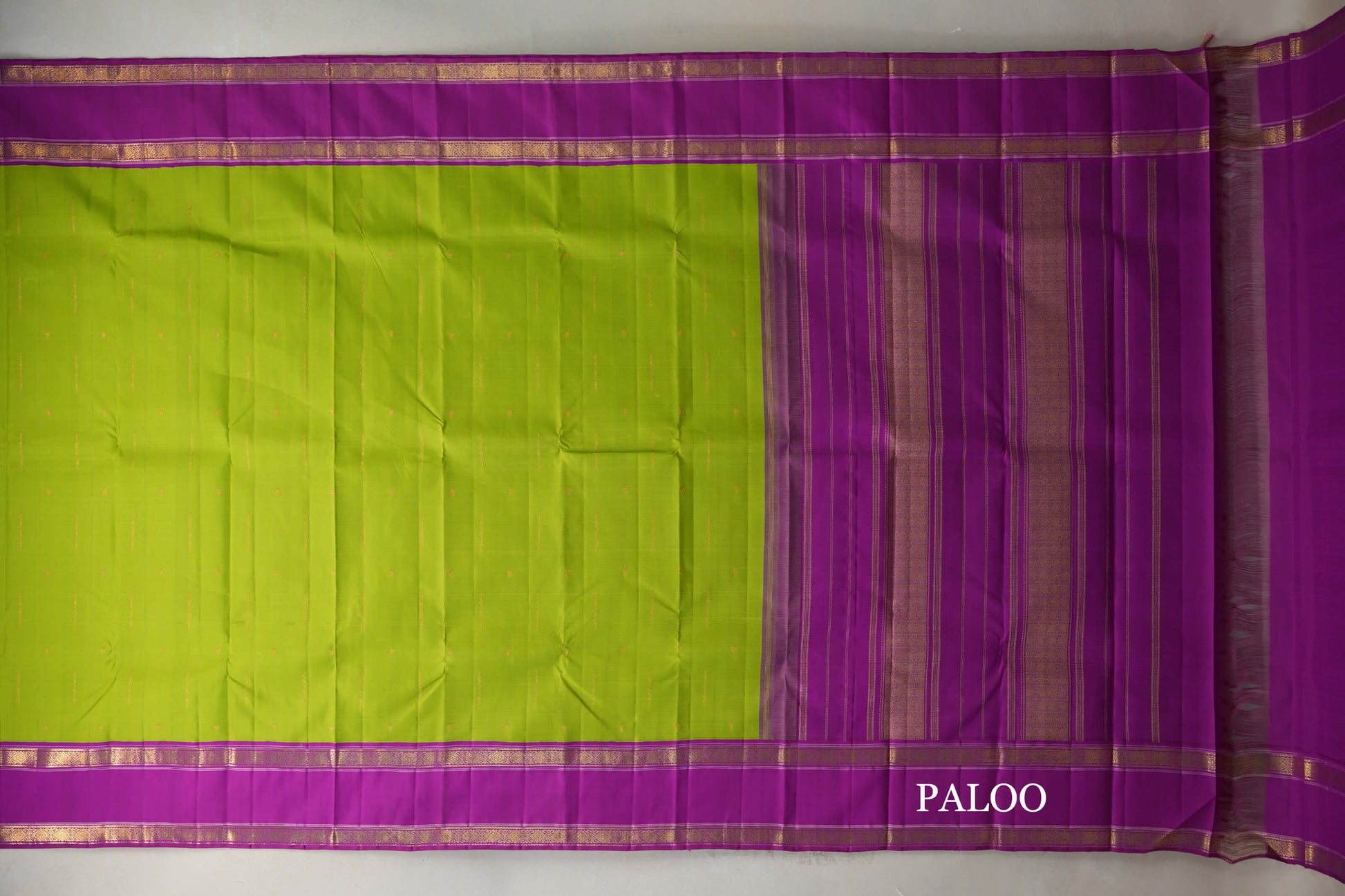 Parrot Green with Magenta Rettai Pettu Borders Vintage Kanjivaram Silk Saree paloo