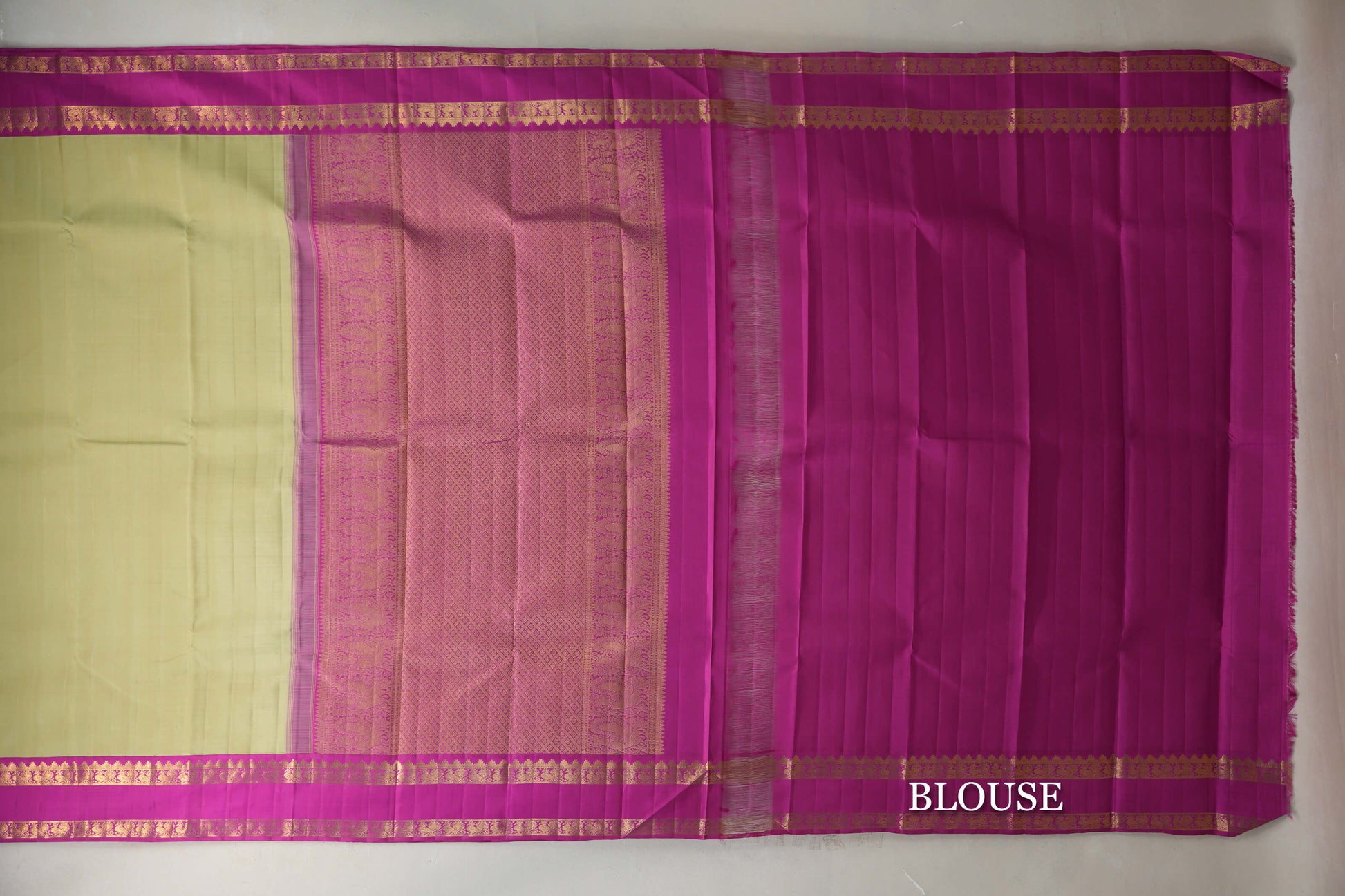Dry Cardamom Green with Bright Magenta Rettai Pettu Borders Vintage Kanjivaram Silk Saree blouse