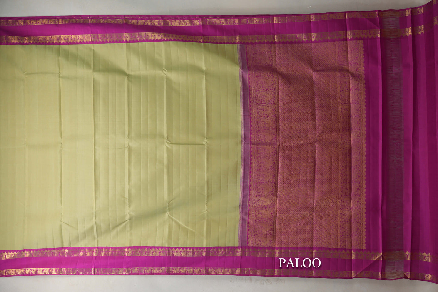 Dry Cardamom Green with Bright Magenta Rettai Pettu Borders Vintage Kanjivaram Silk Saree paloo