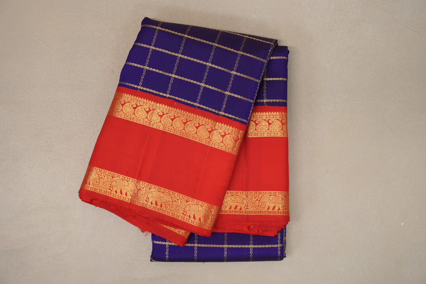 Indigo Blue with Bright Red Rettai Pettu Borders Vintage Kanjivaram Silk Saree