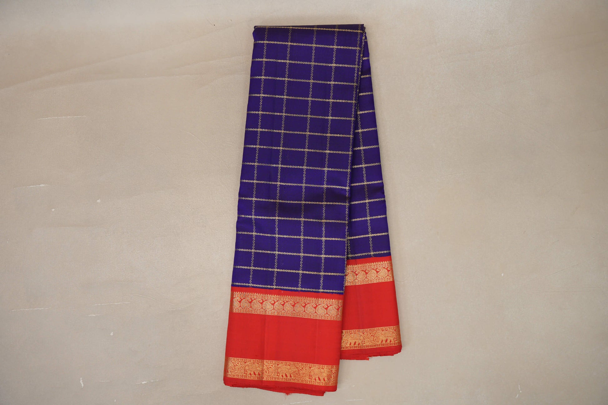 Online Indigo Blue with Bright Red Rettai Pettu Borders Vintage Kanjivaram Silk Saree