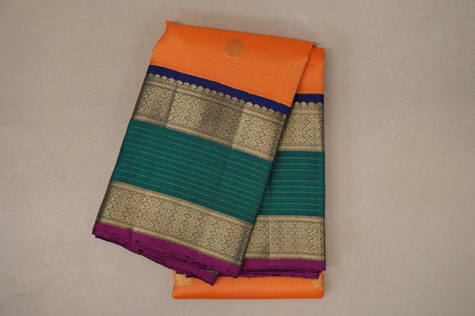 Mango Orange with Multi Color Rettai Pettu Borders Vintage Kanjivaram Silk Saree