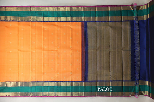 Mango Orange with Multi Color Rettai Pettu Borders Vintage Kanjivaram Silk Saree paloo