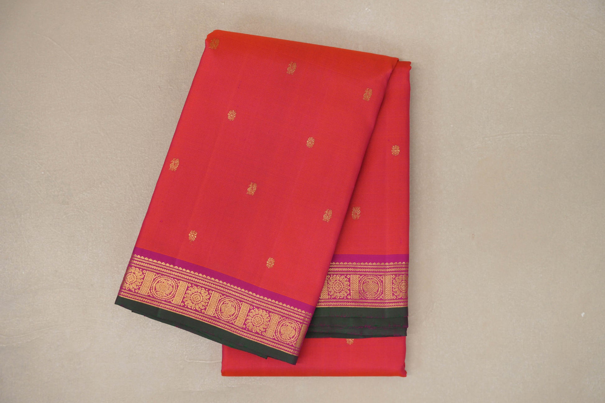 Orangish Pink with Deep Magenta Borders Vintage Kanjivaram Silk Saree