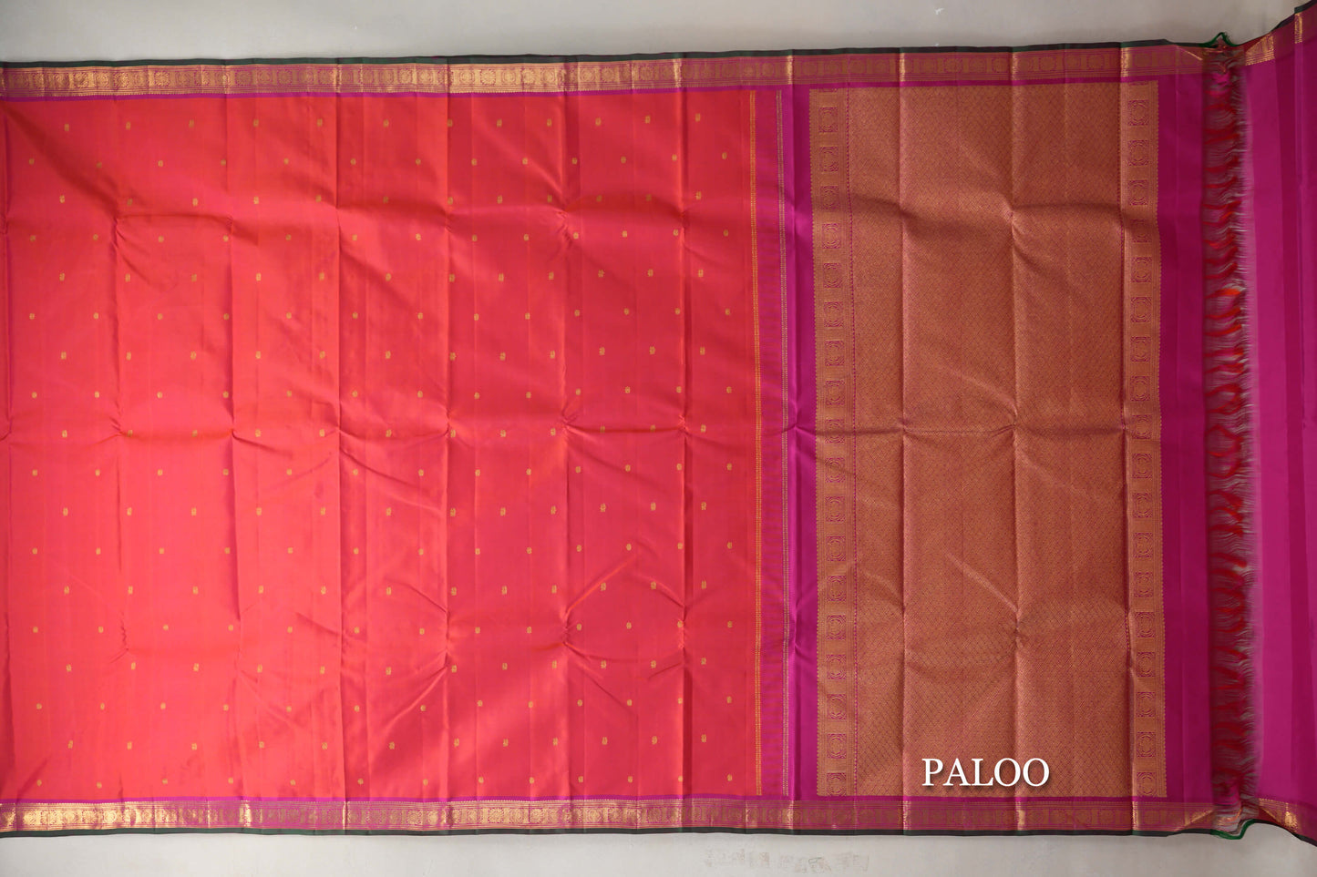 Orangish Pink with Deep Magenta Borders Vintage Kanjivaram Silk Saree paloo