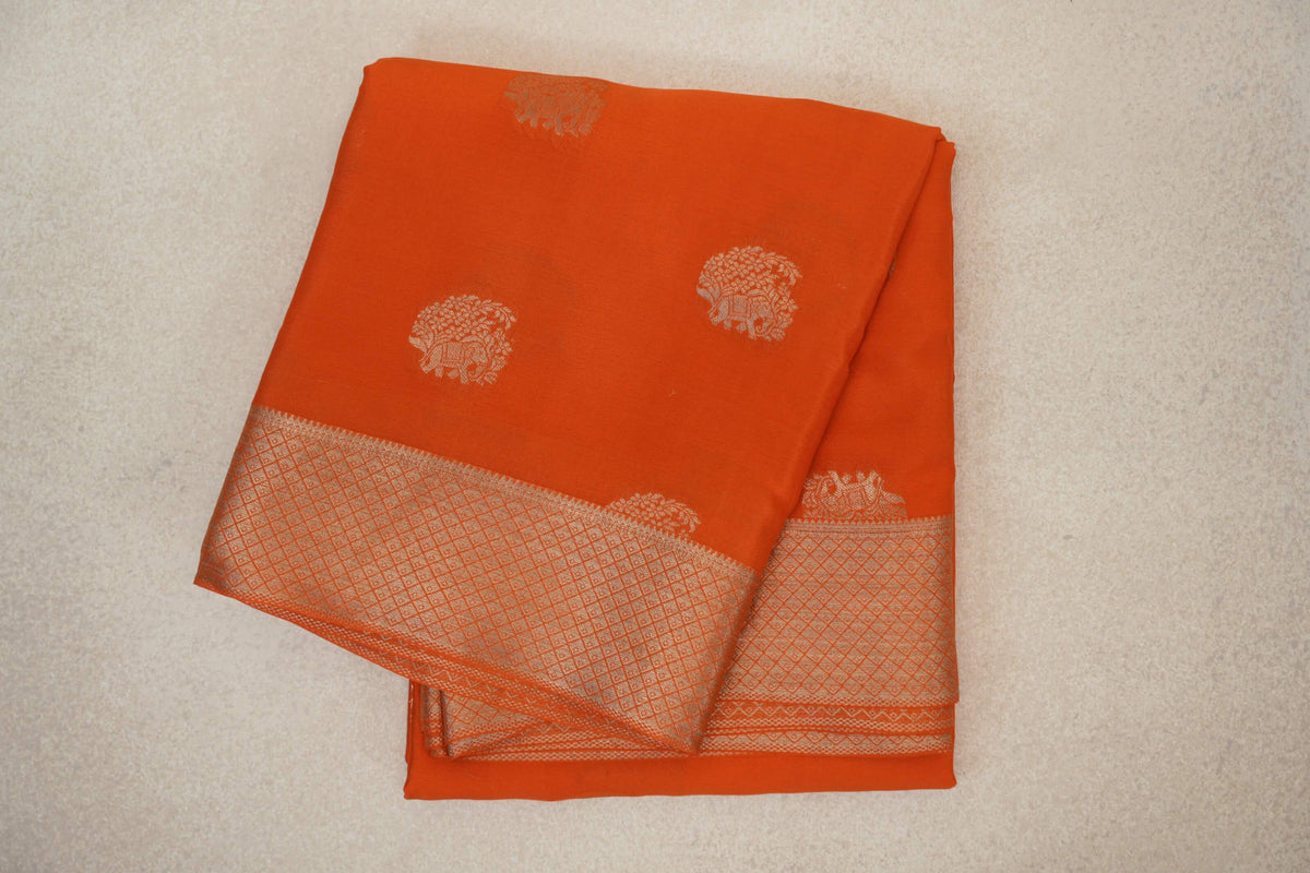 folded Bright Orange Mysore Silk Saree 