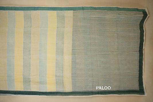 White/Green Cotton Saree paloo