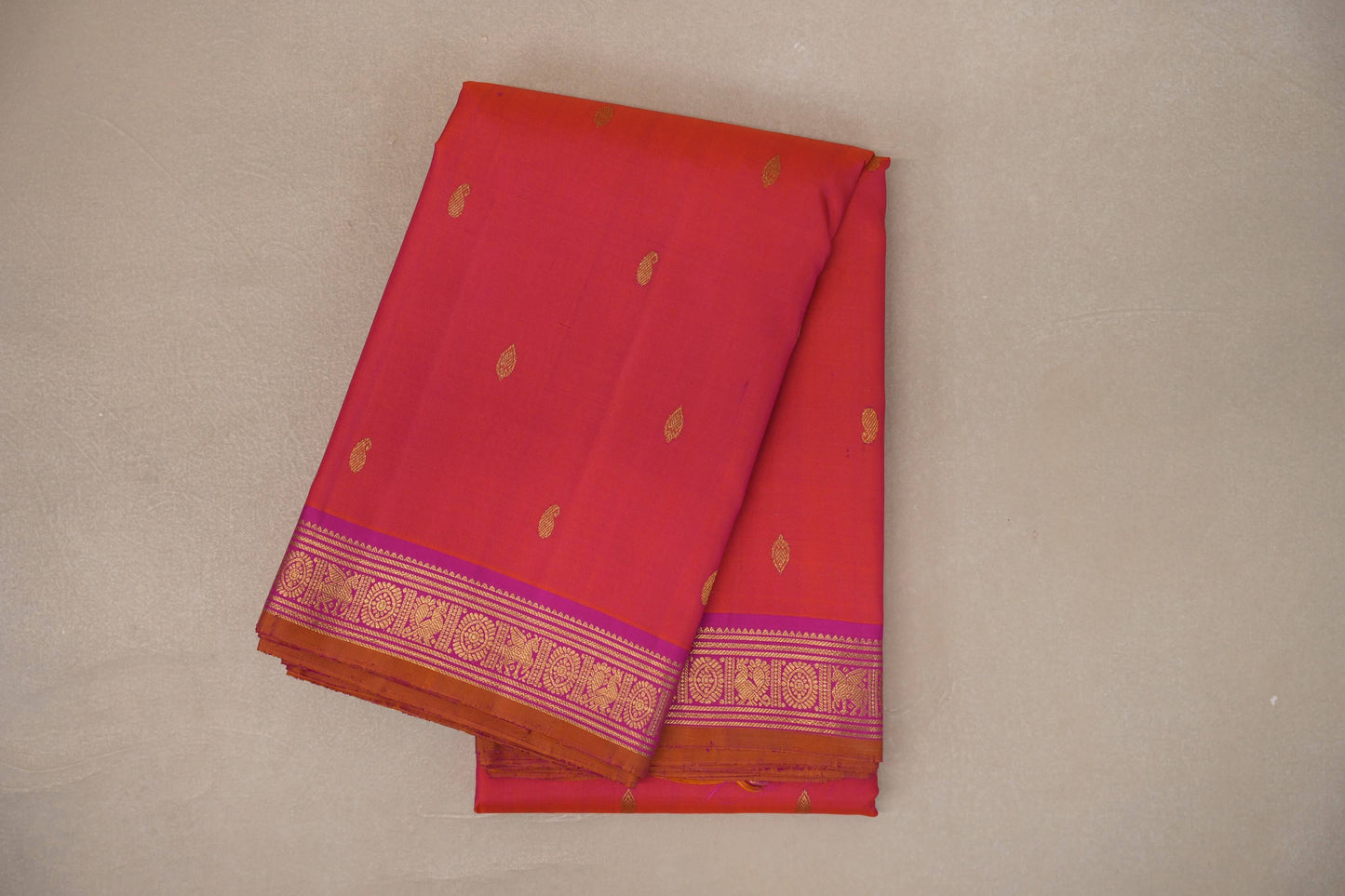 Orangish pink with bright pink borders Vintage Kanjivaram Silk Saree by Shreenivas Silks PSSR019301