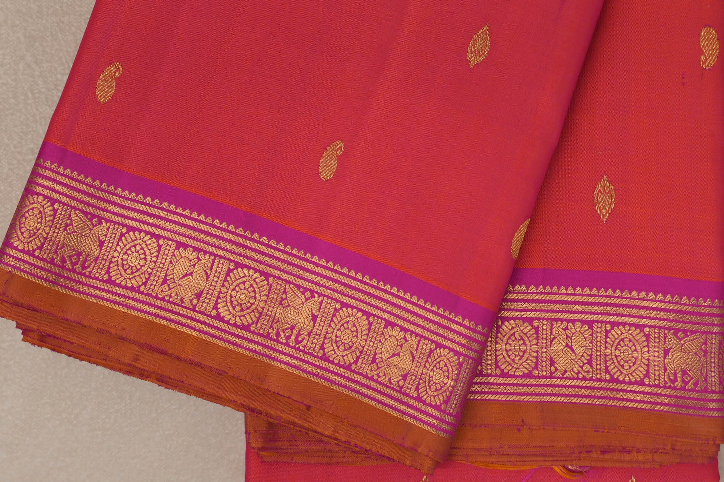 Orangish pink with bright pink borders Vintage Kanjivaram Silk Saree by Shreenivas Silks PSSR019301