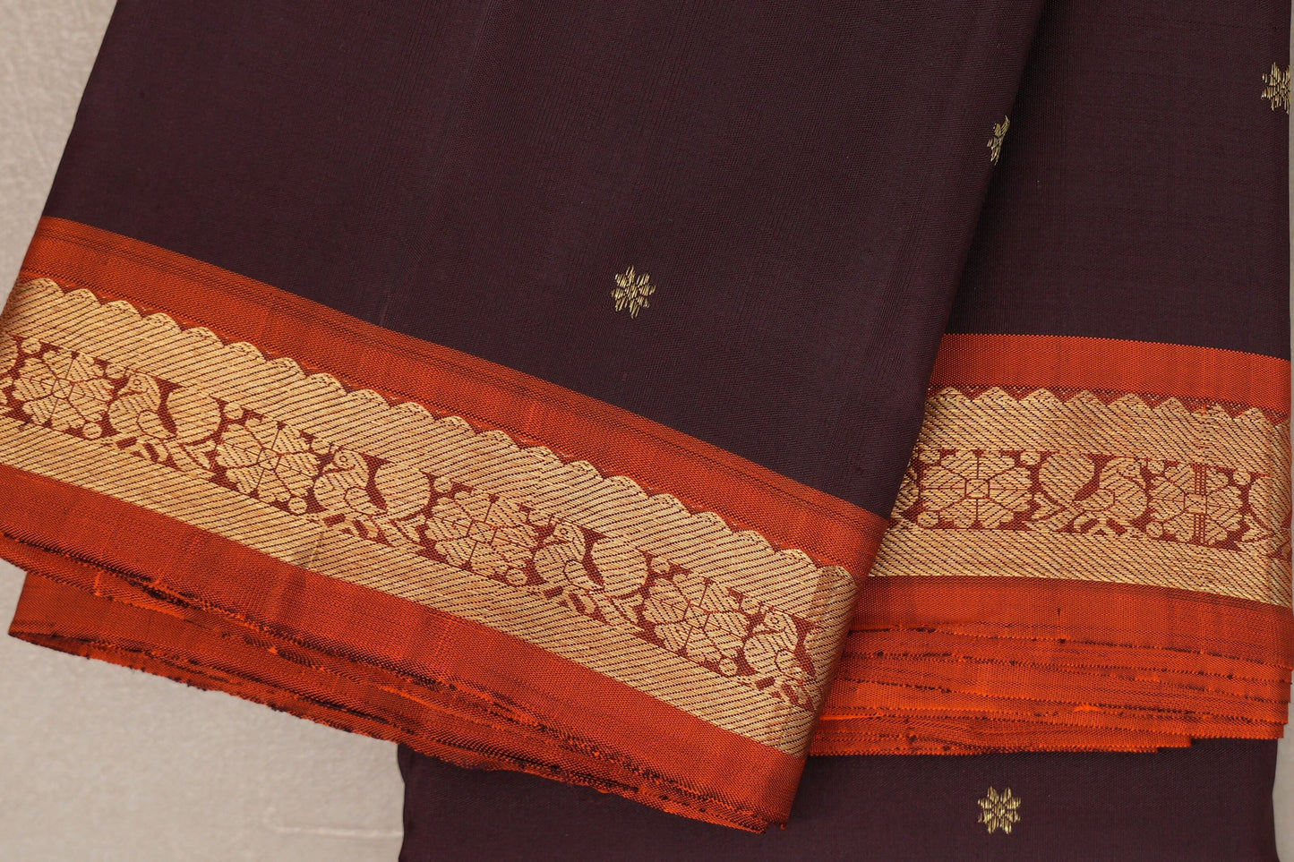 Deep plum with rust orange borders Vintage Kanjivaram Silk Saree by Shreenivas Silks PSSR019302