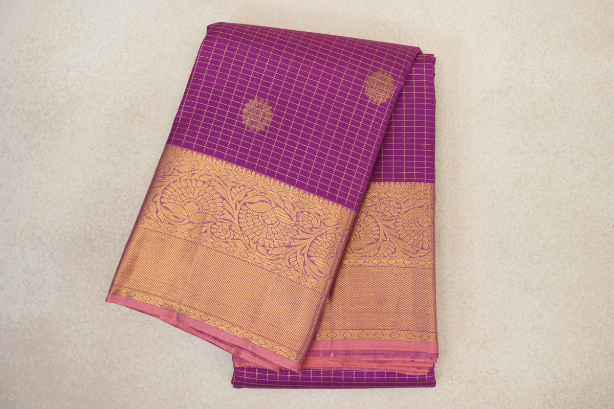 folded Deep Magenta Purple Vintage Kanjivaram Silk Saree 