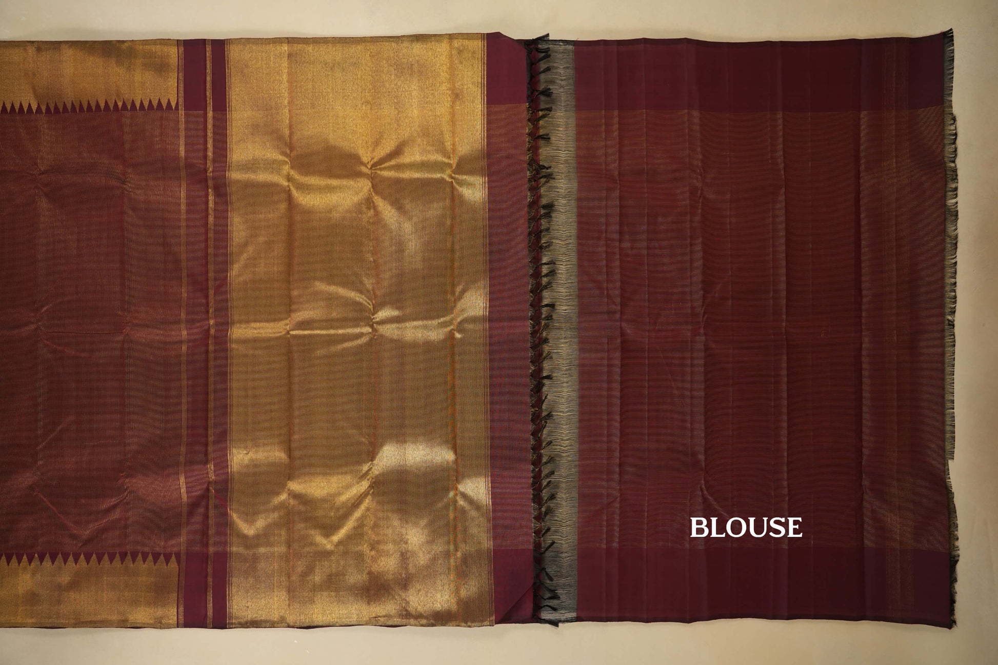 Burgundy Maroon Zari Checks with Tissue Borders Vintage Kanjivaram Silk Saree blouse
