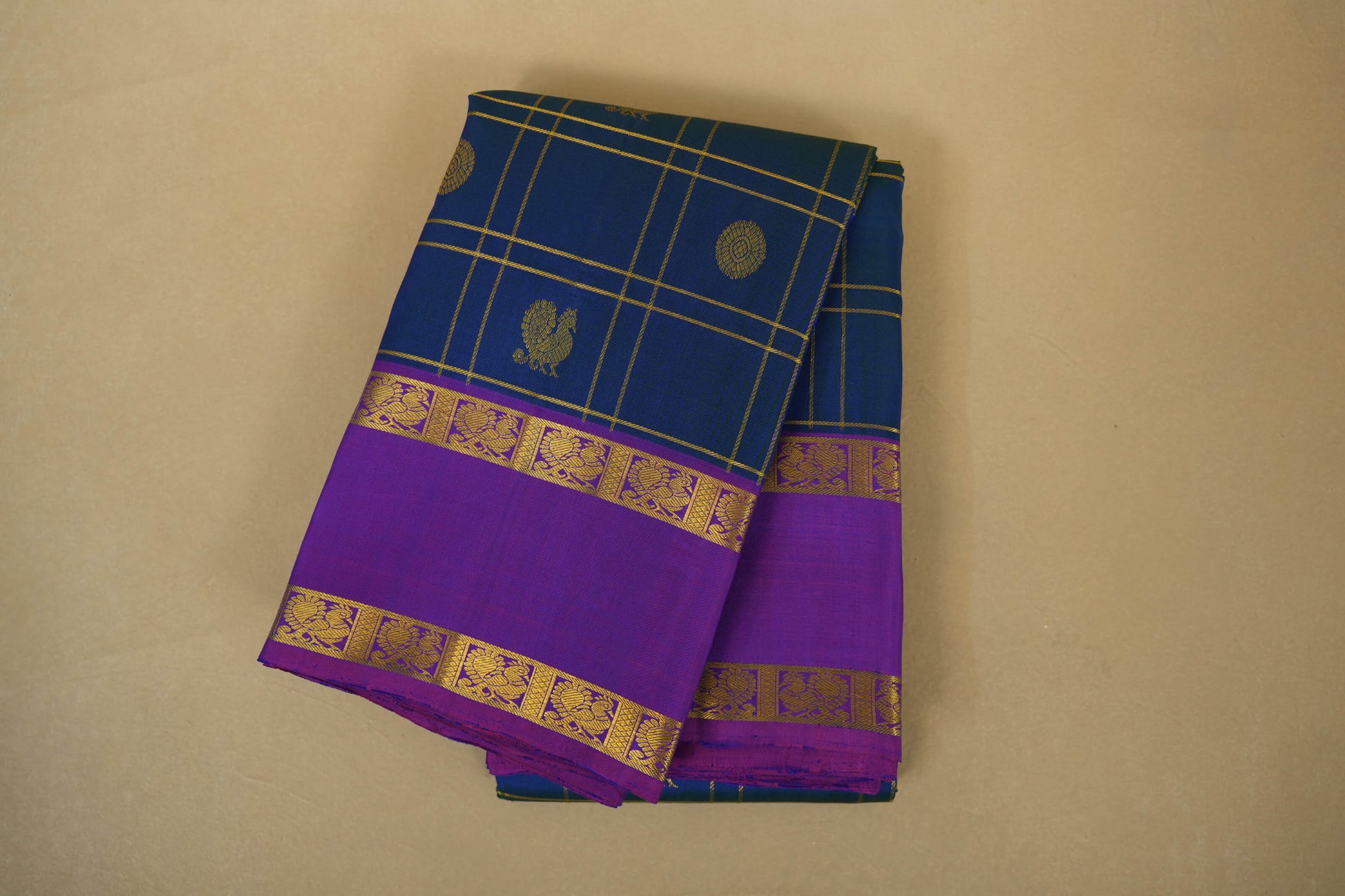 Peacock Blue with Magenta Borders Vintage Kanjivaram Silk Saree