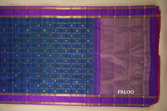 Peacock Blue with Magenta Borders Vintage Kanjivaram Silk Saree paloo