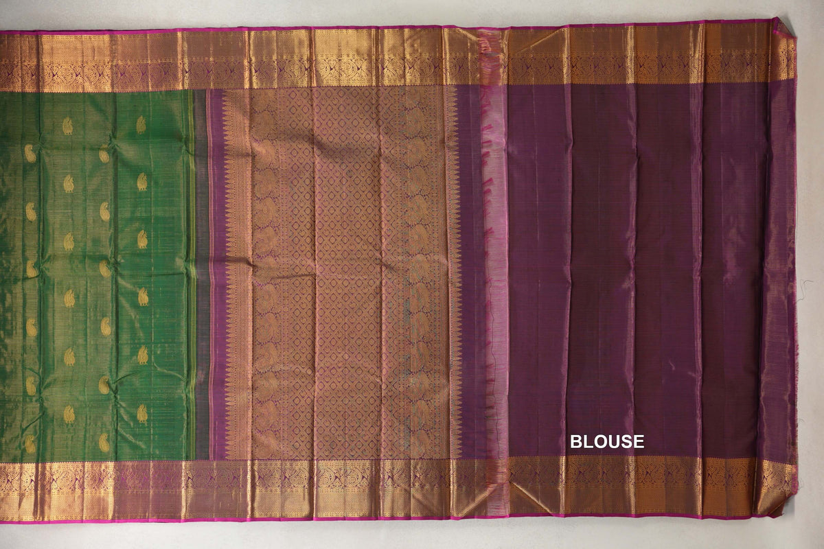 Deep Leaf Green Vintage Kanjivaram Silk Saree blouse