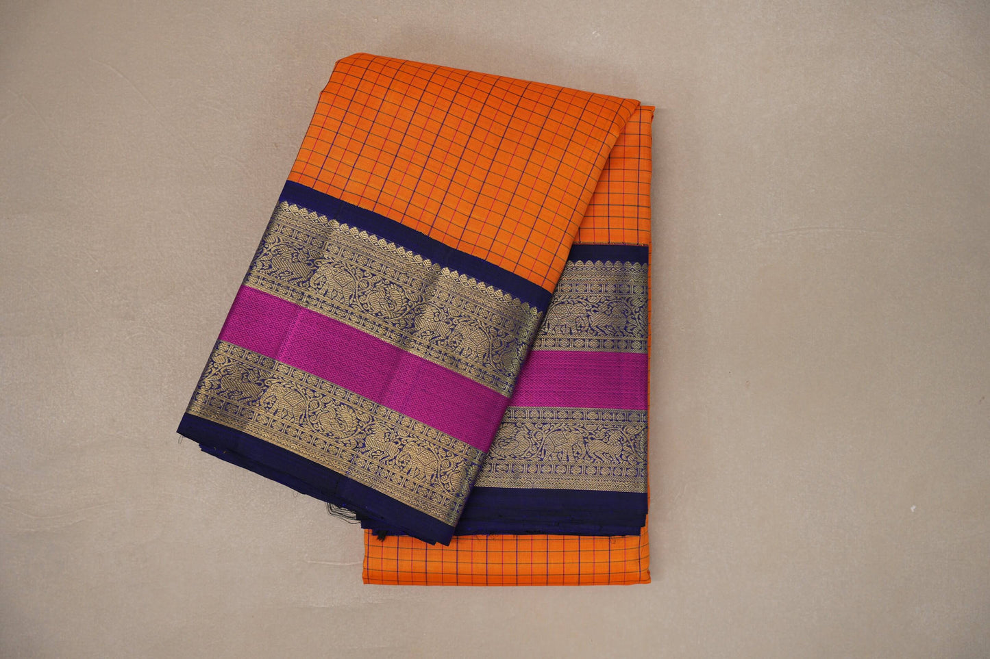Bright mango yellow with deep blue Vintage Kanjivaram Silk Saree by Shreenivas Silks PSSR019318