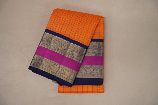 Bright mango yellow with deep blue Vintage Kanjivaram Silk Saree by Shreenivas Silks PSSR019318