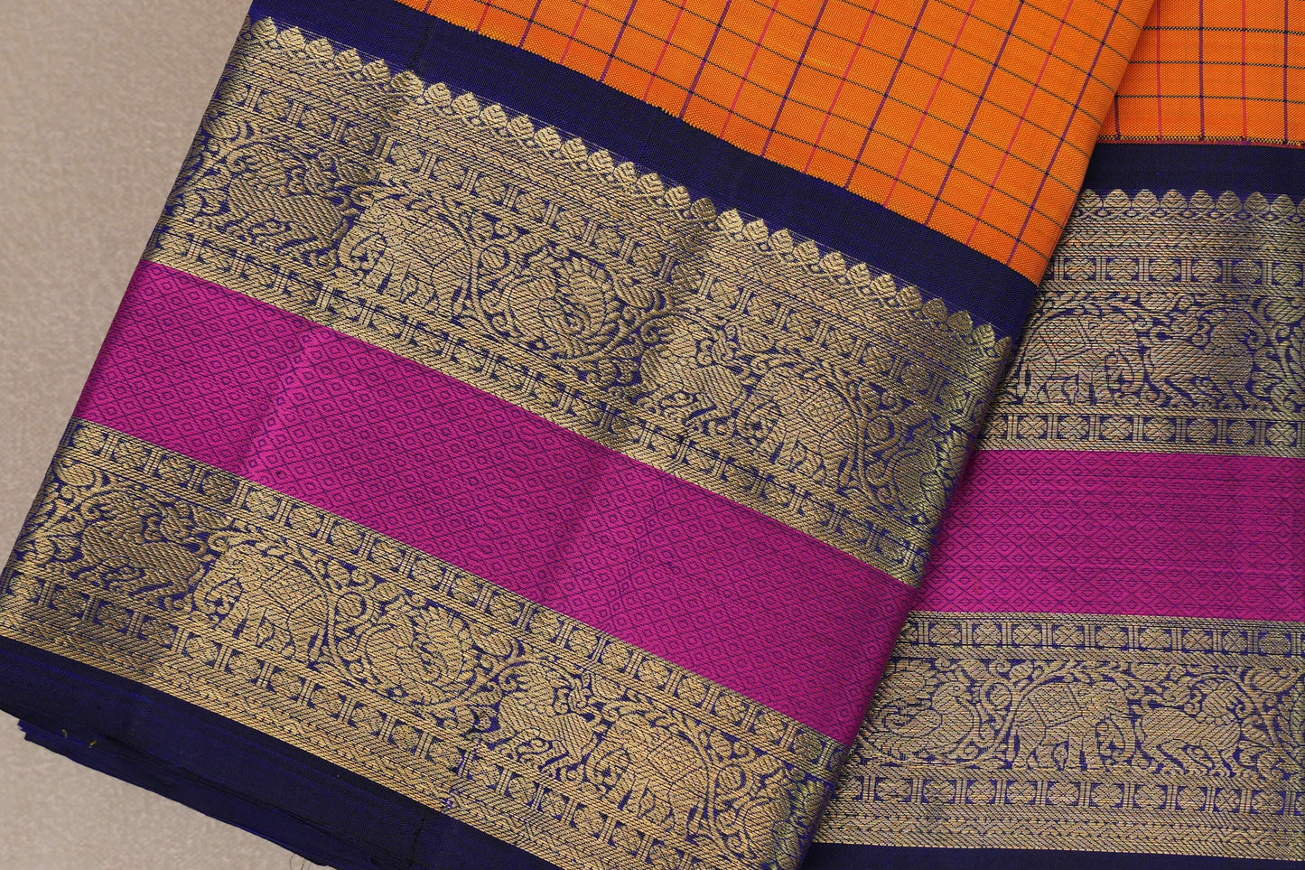 Bright mango yellow with deep blue Vintage Kanjivaram Silk Saree by Shreenivas Silks PSSR019318